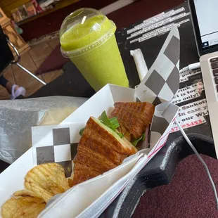 Smoked Salmon Melt. Kettle chips. 16 oz. Gluten Free The Mean Green Smoothie.  Ful