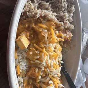 Bowl with white and brown rice + paneer and chicken tikka