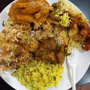 my dish of chicken biryani, butter chicken, chicken Mongolian, and lamb