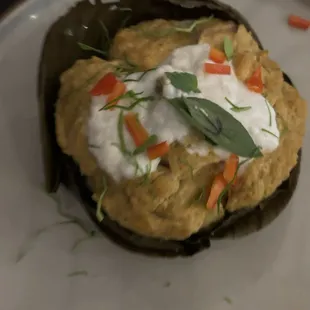 Salmon on banana leaf