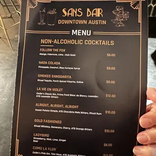 a menu for a cocktail
