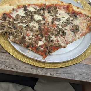 Two slices of mushroom pizza