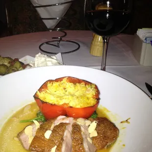 Course 2 - crispy duck breast with almonds &amp; saffron rice paired with Tempranillo