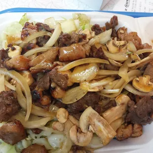 Chicken n Beef Combo with extra Mushrooms and Onions.