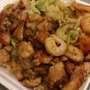 Teriyaki chicken and shrimp plate with brown rice