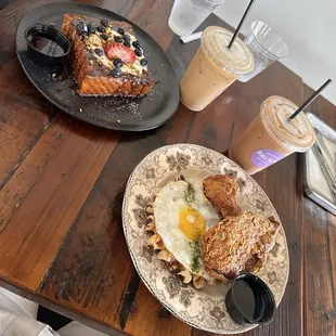 Chicken and waffle, Nutella French toast, horchata latte, and Nutella latte