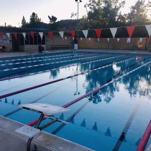 25yd pool, 10ft deep on the deep end and 2ft deep on the shallow end. 6 lanes total.