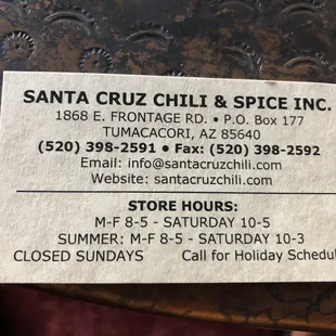 Business Card with hours