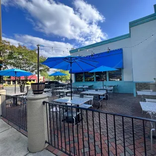 a patio with tables and umbrellas