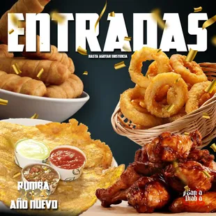 Licking finger Entrees! Onion Rings, Cheese fingers, wings and Fried Plaintain a Colombian delicacy