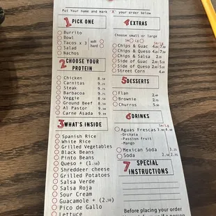 Menu to order from the bar