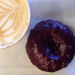 Honeybee (espresso, honey, lavender, and steamed milk) with a blue corn lavender doughnut. Yes, please!