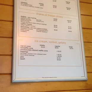Shakes, ice cream, frozen drinks menu
