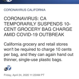 Proof that the mandate is in effect of no charge for bags