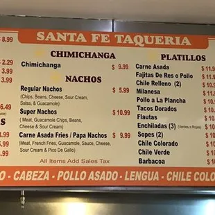 Taqueria menu 12/31/18
