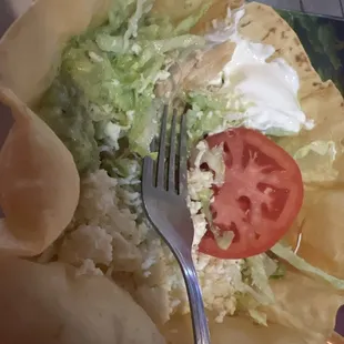 Taco Salad, packed full with chicken at the bottom!