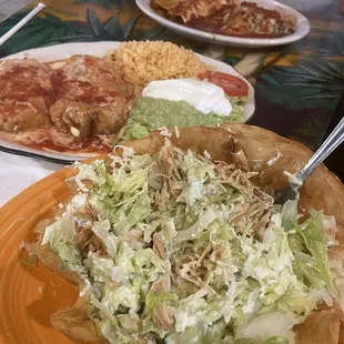 Edible shell taco salad and chimichangas meal.