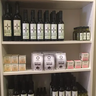 shelves of olive oil and balsamic