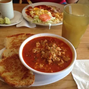 Menudo and a glass of horchata