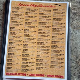 Burrito Menu
