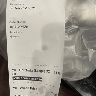 1 Quesadilla, 1 Carne Asada Fry, and 2 Large Horchatas.