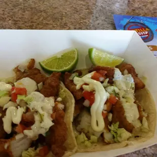 you like fish tacos, this is where it&apos;s at, salsa bar add whatever you want. They come plain so don&apos;t mind my add ons. Woohoo