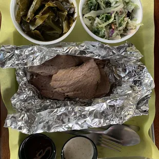 Beef Tri Tip plate, Santa Maria Slaw - 6oz, collard greens and two sauces