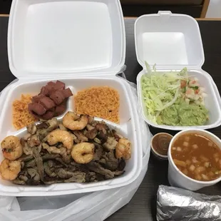 Parrilladas Supreme (Beef Fajita, Chicken Fajita, Shrimp, Sausage, Rice, Beans, Salad, Pico, Guac, and Corn Tortillas)