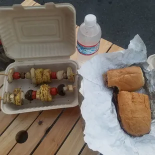 Bbqed veggie skewers &amp; a tri tip sandwich at the Magnolia Center Marketplace's weekly night market