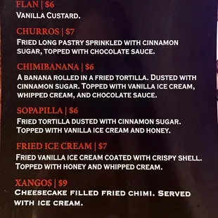 Desserts menu