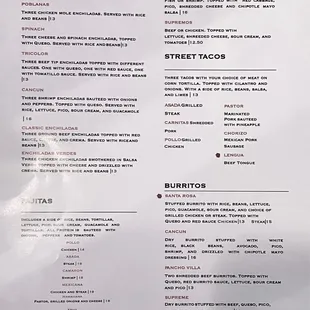 Enchiladas, fajitas, tacos and burritos menu