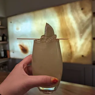 a hand holding a glass of a drink