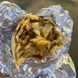 Inside of the breakfast burrito