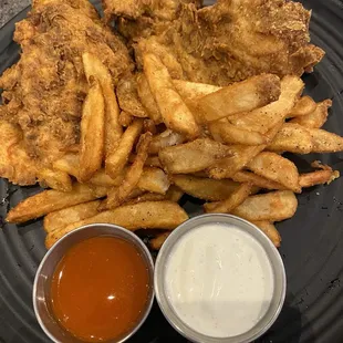 Crispy chicken tenders and fries