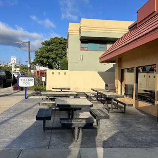 empty picnic tables