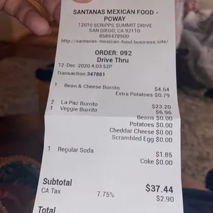 Here is our receipt with the full order.