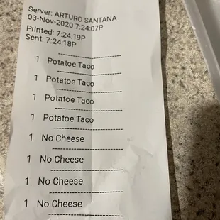 Receipt that is the wrong order. Also an order that doesn&apos;t match the receipt.