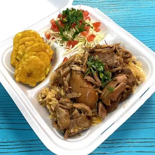 Santana's Meal with Choice of Meat (Chicken), Rice, Beans, Salad and Choice of Plantains (Green)