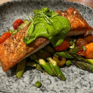 Grilled salmon (medium at my request) with asparagus, peas, &amp; grilled cherry tomatoes (no farro at my request)