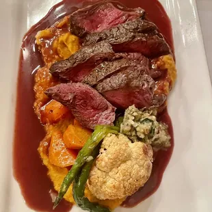 Venison with sweet potatoes and a blackberry demi glaze 10/10
