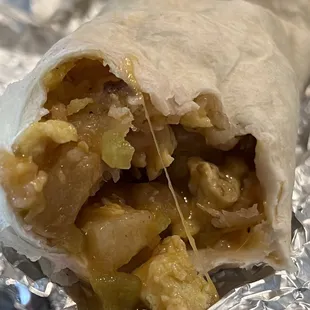 Breakfast burrito with eggs, cheese and chorizo
