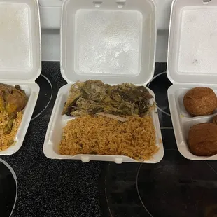 Papa Rellena, Pernil with Rice and Beans, Carnie Frita with Rice and Beans