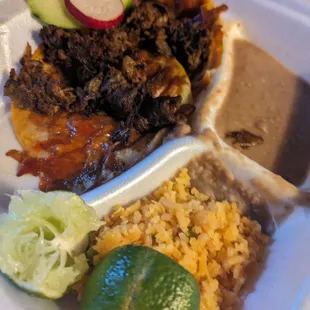 birria tacos, rice and beans