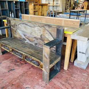 Custom made rustic repurposed benches and tables