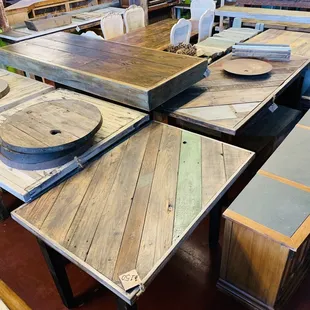 Custom made rustic repurposed benches and tables