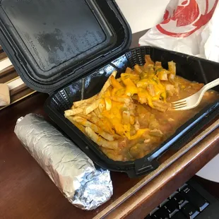 Chicken and rice burrito with half/half and Chile Fries