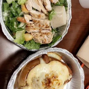 Small Caesar salad add grilled chicken and a crab pretzel ! Caesar dressing was homemade.