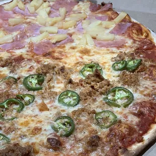 Large half n half: Pineapple Ham n Sausage Jalapeño.