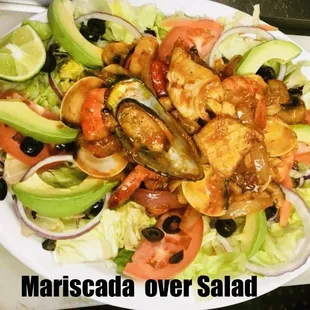 Seafood platter over salad (choice of diabla sauce (hot) or garlic sauce)