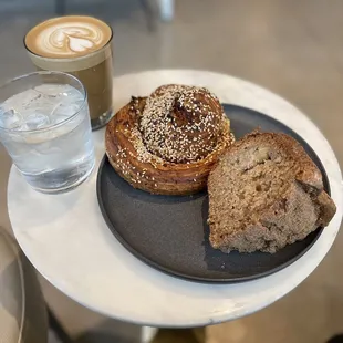 Apple cake, Everything savory roll, oat milk mocha